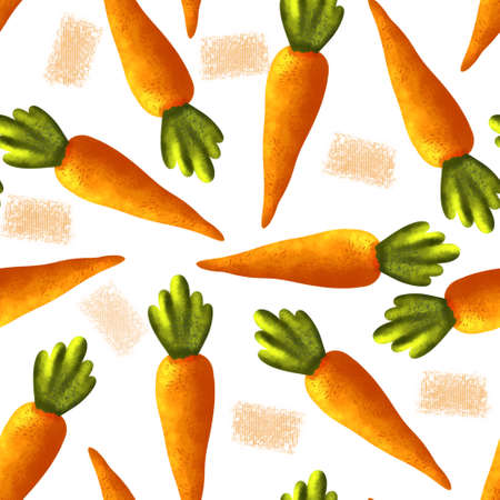 Seamless textured carrot pattern with green leaves