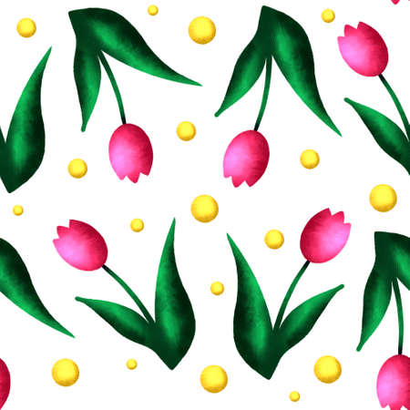 Seamless tulip pattern with texture and mimosaの写真素材