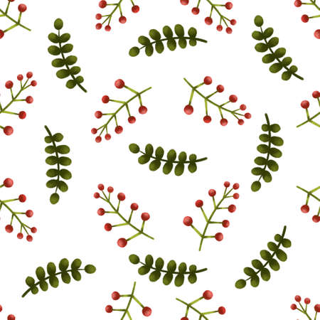 Seamless redcurrant berry pattern and leaf twigの写真素材