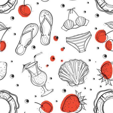 Seamless pattern summer doodle black outline with red colorの写真素材