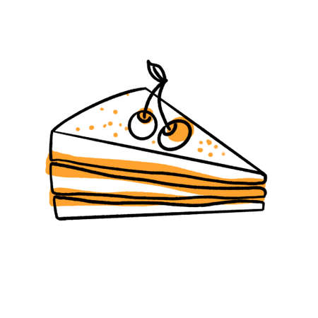 A piece of cake with cream and cherry doodles