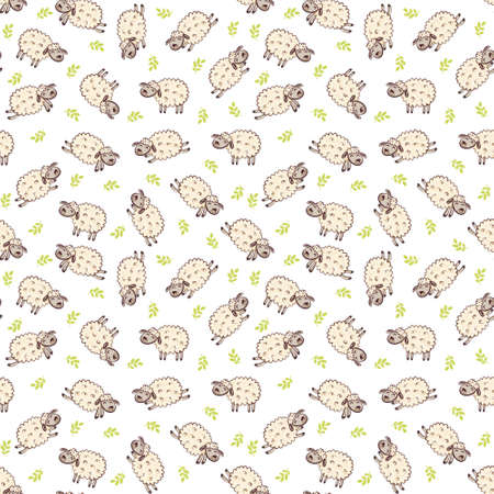 Seamless pattern of sheep and green grass branchesの写真素材
