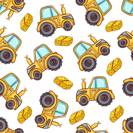 Seamless pattern yellow tractor and haystack harvestの写真素材