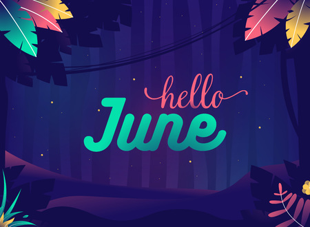 Hello june background. Summer night with crickets. Jungle with plants and stars. Vector cartoon illustrationのイラスト素材