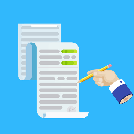 The hand of a businessman writes with a pencil. Signing a contract. Vector flat illustrationのイラスト素材