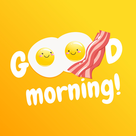 Good morning banner. Classic tasty breakfast of scrambled eggs and bacon. Vector cartoon illustrationのイラスト素材
