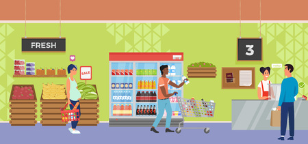 Interior supermarket store with people character cashier and buyer. Vector flat illustrationのイラスト素材
