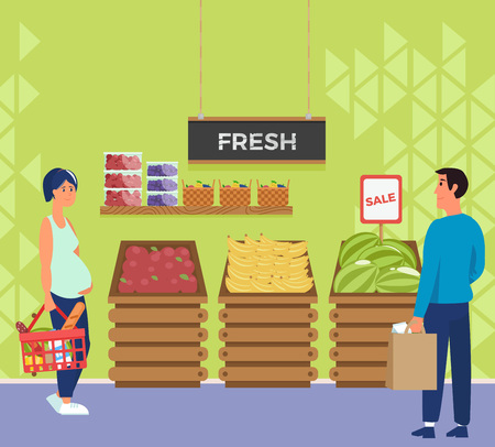 Interior supermarket store with people character buyer.のイラスト素材