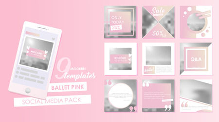 Social media banner template for your blog or business.  Cute pastel pink designs for photo. Vector flat setのイラスト素材