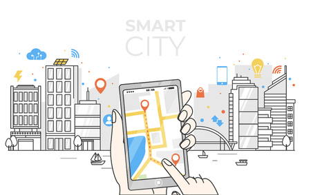Smart city in line art with colorfull icons. Concept of Internet of things and another future technologies for people. Vector flat illustrationのイラスト素材