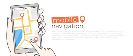 Phone app mobile navigator illustration. A map with a pin and a path along the road. Vector flat line bannerのイラスト素材