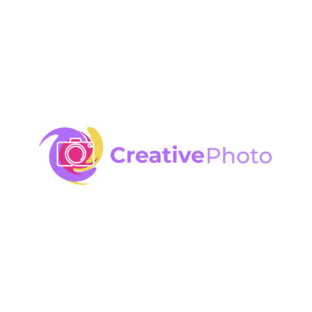 Creative logo with photo camera. Sign for the photographer. Black line with yellow background flat modern logotypeのイラスト素材