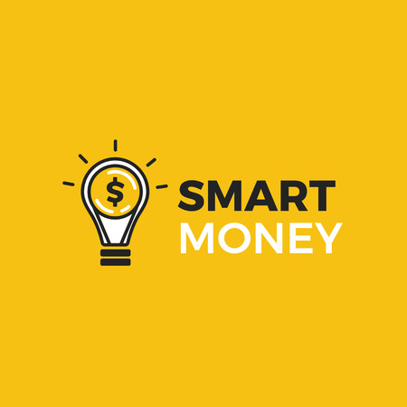 Smart money logo. Luminous light bulb with gold dollar coin logotype. Crowdfunding for fresh ideas. Vector line art illustrationのイラスト素材