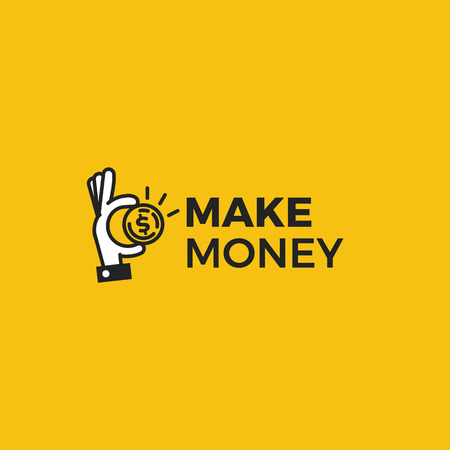 Make money logo. Gold dollar coin with hands businessman. Vector line art cartoon illustration