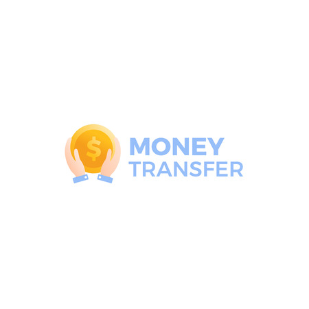 Transfer money logo. Gold dollar coin with hands businessman. Vector gradient cartoon illustrationのイラスト素材