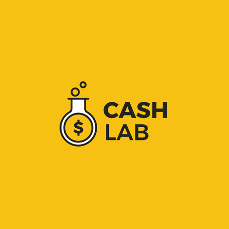 Cash lab logo. A laboratory makes money. A test tube with a dollar coin. Vector line art flat illustrationのイラスト素材