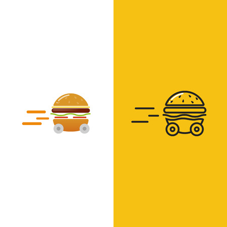 Burger delivery. Fast hamburger car. Logotype for restaurant or cafe . Vector illustrationのイラスト素材