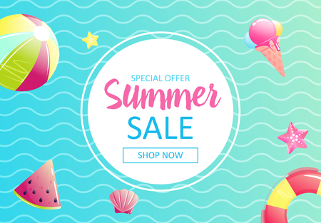 Hello summer. Banner of sale in online store. Special offer, shop now. Vector cartoon illustrationのイラスト素材