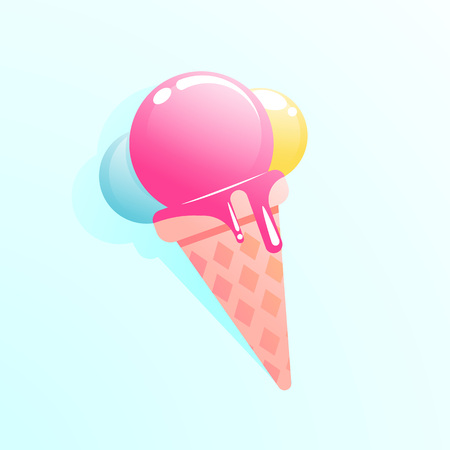 Ice cream with three colored balls in a waffle horn. Delicious summer food. Vector cartoon illustrationのイラスト素材
