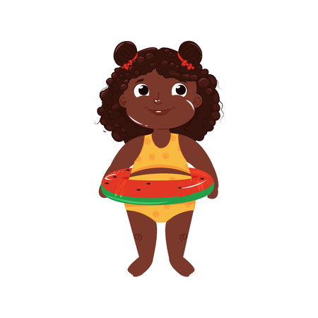 Little girl on the sea with a watermelon inflatable rubber ring . Child summer at pool.  Vector cartoon illustrationのイラスト素材