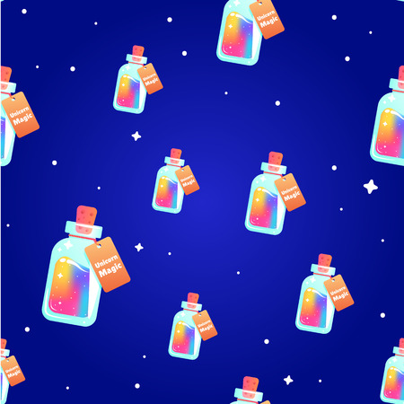The magic mana of a unicorn seamless pattern. Rainbow liquid with star in the bottle. Vector cartoon illustrationのイラスト素材