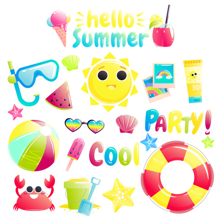 Hello summer. Set of cute offshore objects. Pretty sun and crab and watermelon and beach ball and bucket. Vector cartoon illustrationのイラスト素材
