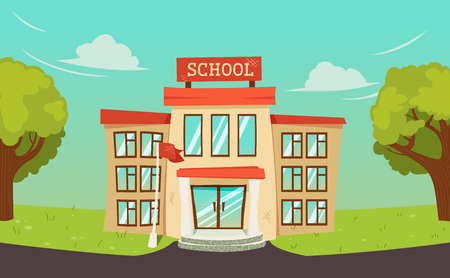 Junior high School building landscape. Background with sky and trees and road. Kindergarten for kids schoolchildren. Vector cartoon illustrationのイラスト素材