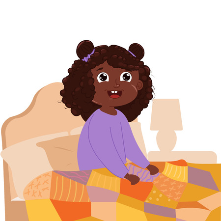 Baby girl wake up early in the morning in the bedroom in your bed. Vector cartoon illustrationのイラスト素材