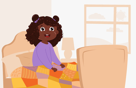 Baby girl wake up early in the morning in the bedroom in your bed. Vector cartoon illustrationのイラスト素材
