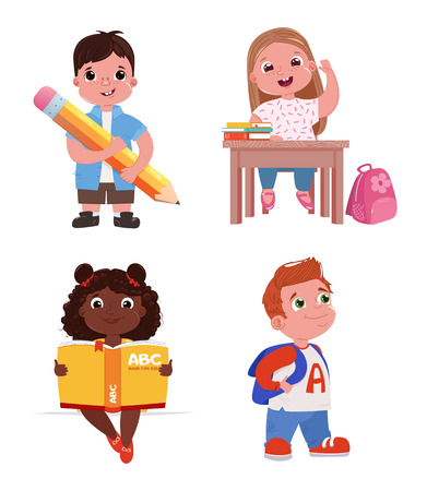 Children are going to school. The girl is studying at the lesson. A boy with a book and a pencil. Vector cartoon illustrationのイラスト素材