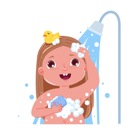 Little child girl character take a shower. Daily routine. Isolated without background. Vector cartoon illustrationのイラスト素材
