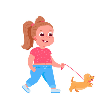 Cute child girl character walks dog. Vector cartoon illustrationのイラスト素材