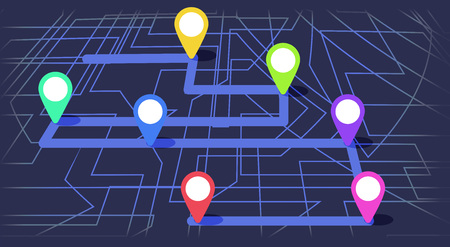 Digital map with colorfull seven points. The way of city navigation with the beginning and the end....