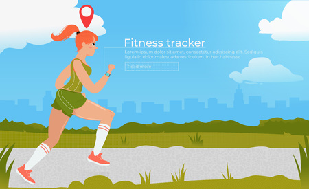 Athletic woman on run with fitness tracker. Cardio exercises. Workout on outdoors in park. Concept of healthy lifestyle. Vector cartoon illustrationのイラスト素材