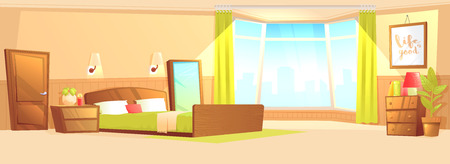 Bedroom interior with a bed, nightstand, wardrobe and window and plant. Vector cartoon illustrationのイラスト素材