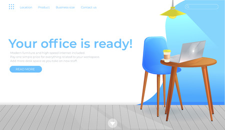 Office furniture design banner. Workplace with table and laptop and coffee. Modern interior . Landing Page Website conept Vector cartoon illustrationのイラスト素材