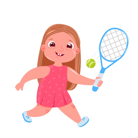 Cute baby girl playing tennis  with raquet. Doing sports healthy life. Daily routine.  Vector cartoon illustrationのイラスト素材