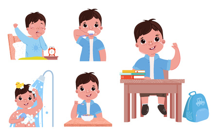 The daily routine of the child is a boy. Going back to school. Wake up and brushes teeth, takes a shower and eat has breakfast. Vector cartoon illustrationのイラスト素材