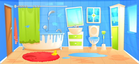 Dirty Bathroom design interior room with ceramic furniture background template. Vector cartoon illustrationのイラスト素材