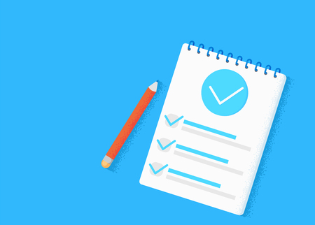 Survey research. Make a choice on the tablet. Checklist Templates. Notepad with a list and a pencil. Vector flat illustrationのイラスト素材