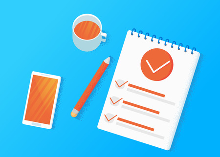 Survey research. Make a choice on the tablet. Checklist Templates. Notepad with a list and a pencil. Vector flat illustrationのイラスト素材