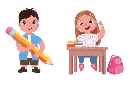 Children are going to school. The girl is studying at the lesson. A boy with a book and a pencil. Vector cartoon illustrationのイラスト素材