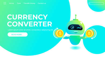 Assistant bot landing page template. Technical support design  for web page. Virtual help website. Chatbot with gold dollar coin, Currency converter online. Vector cartoon illustrationのイラスト素材