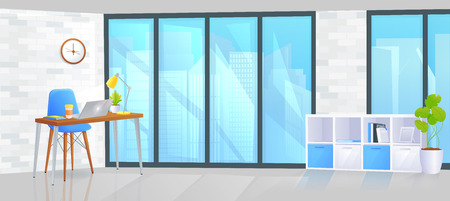 Office furniture design banner. Workplace with table and laptop and coffee. Modern interior . Landing Page Website conept Vector cartoon illustrationのイラスト素材