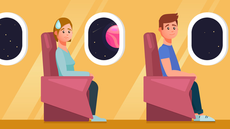 Fear of flying on an airplane. Fly in space on a rocket. Vector flat illustrationのイラスト素材