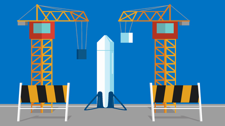 Construction of a rocket at a station. Vector flat illustrationのイラスト素材