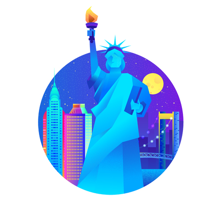 NY. Statue of Liberty and houses, view of New York City. Vector flat texture illustrationのイラスト素材