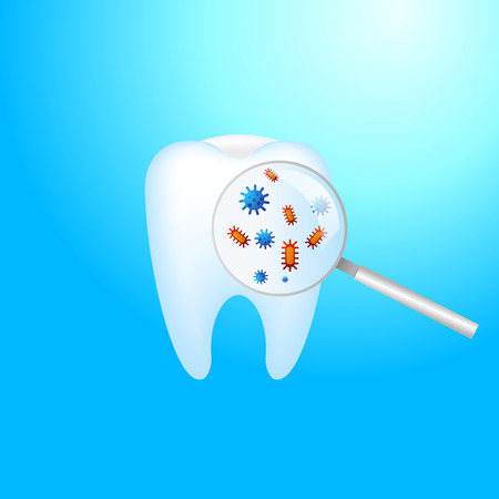 Toothache. A tooth with dental caries and pain. Protection against bacteria on the magnifying glass Vector realistic illustrationのイラスト素材