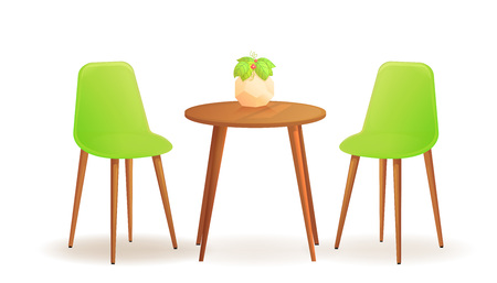 Two chairs with and drink cup on wood table. Cafe for meet and talk. Modern furniture for interior house or shop. Vector cartoon illustrationのイラスト素材