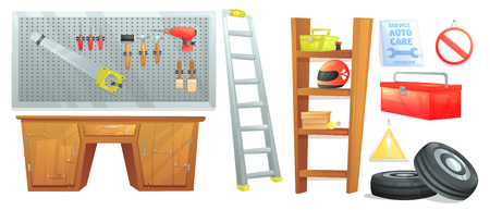 Furniture for garage mechanic. The auto car sign, and shelf with motorcycle helmet and a board with tools. Vector cartoon illustrationのイラスト素材